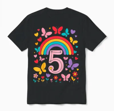 Kinder Children's Birthday 5 Girls Rainbow Fairy Fifth 5 Years Old Unisex T-Shirt - Black