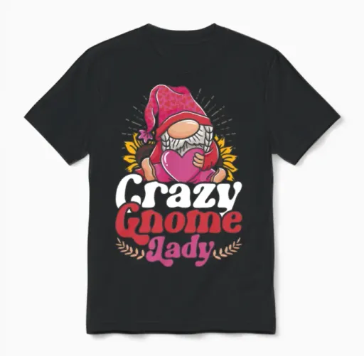 Garden Gnome Crazy Gnome Lady Unisex T-Shirt in Black