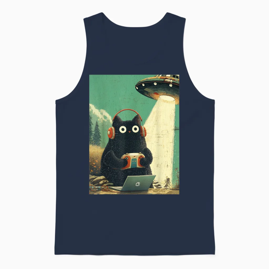 Vintage Japanische Katze Gamer Videospiele Abduktion Ufo Anime Unisex Tank Top in Navy