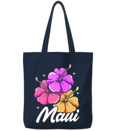 Maui Hawaii with Hawaiian Hibiscus Flowers Tote Bags - Navy
