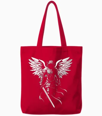 Saint Michael the Archangel Warrior Protector Design on the Back T-Shirt, Black, S Tote Bags - Red