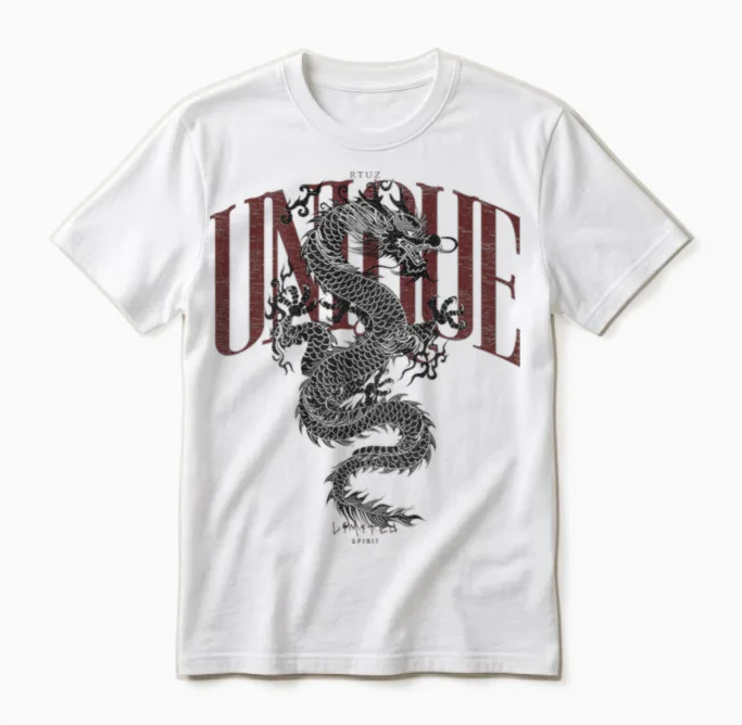 Elegant Chinese Yin and Yang Backprint Dragon T-Shirt, Gray Unisex T-Shirt in White