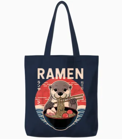 Otter Ramen Japanese Noodles Kawaii Anime Otter T-Shirt, Black, S Tote Bags - Navy