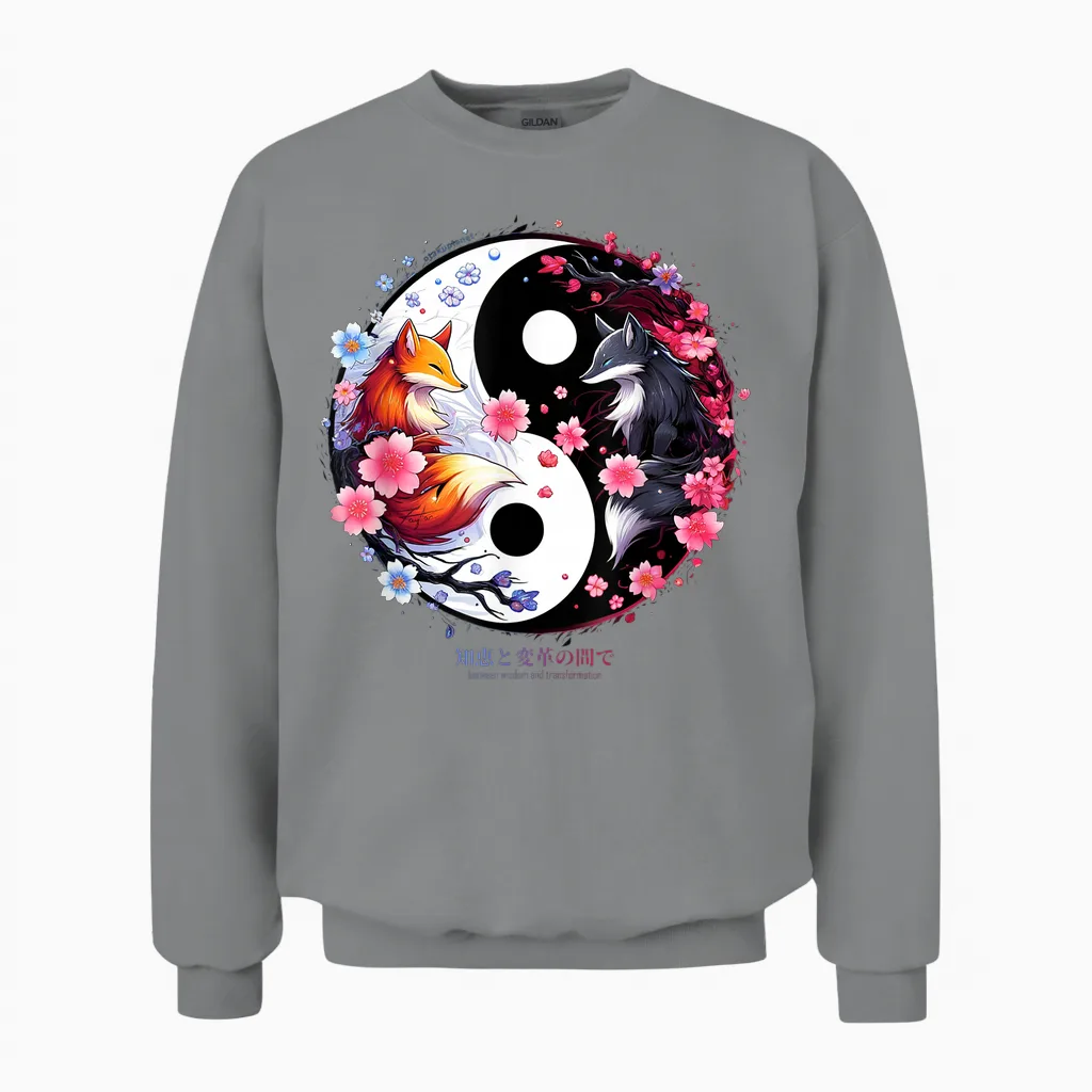 Kitsune Sakura Flower Blossom in Ying Yang Sakura Aesthetic T-Shirt, Black Unisex Sweatshirt in Sport Grey