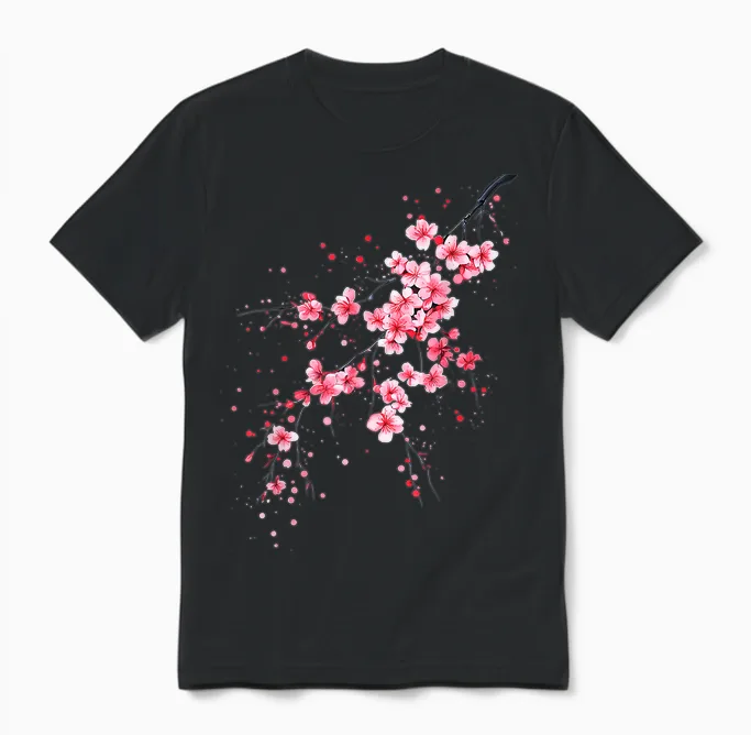 Sakura Japanese Cherry Blossom Vintage Unisex T-Shirt in Black