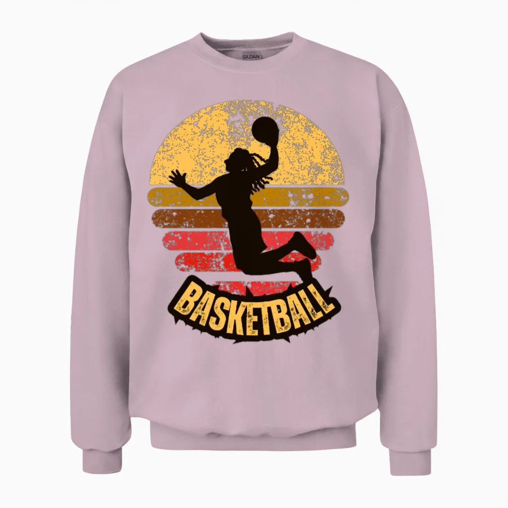 Yellow Red Vintage Retro Basketball Unisex Sweatshirt in Light Pink