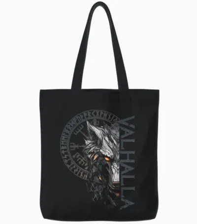 Valhalla Wolf Wolves Odins Runes Nordic Compass Viking Tote Bags - Black