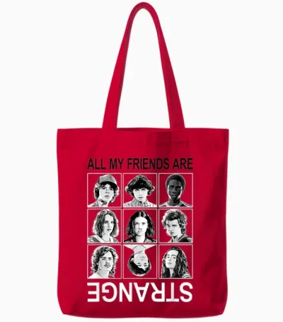 Stranger Things All My Friends Are Strange Group Shot Panels Tote Bags - Red