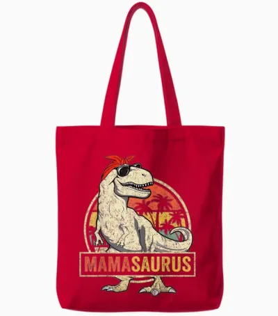 Family Saurus Shirts Store Mamasaurus T Rex Dinosaur Funny Mother's Day Gifts Mom Mommy Unisex Adult Classic Fit Black Short Sleeve Tote Bags - Red