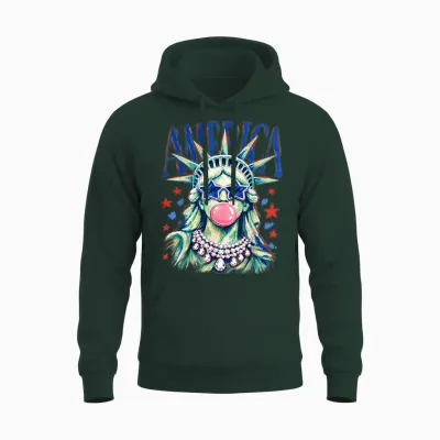 Brushstroke Statue of Liberty Blowing Bubble Gum 4th of July Unisex Hoodie - Forest