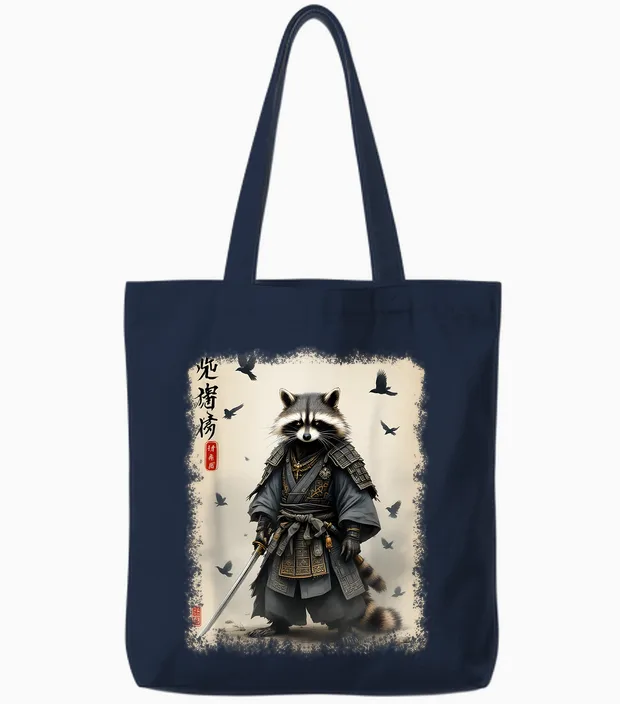 Samurai Waschbär, Japanischer Krieger & Kunst | Vintage Anime Tote Bags in Navy