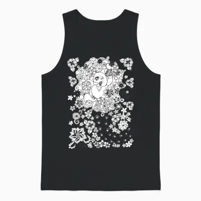 Cat and Flowers Unisex Tank Top - Black