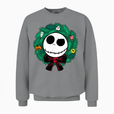 Amazon Essentials Men's Nightmare Before Christmas Jack Festive Holiday Wreath T-Shirt, Blue, Small Unisex Sweatshirt - Sport Grey