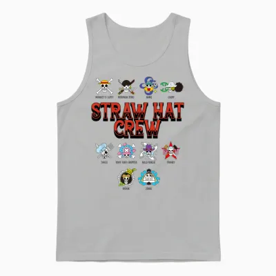 One Piece Anime Straw Hat Crew Jolly Roger Logos Unisex Tank Top - Ash