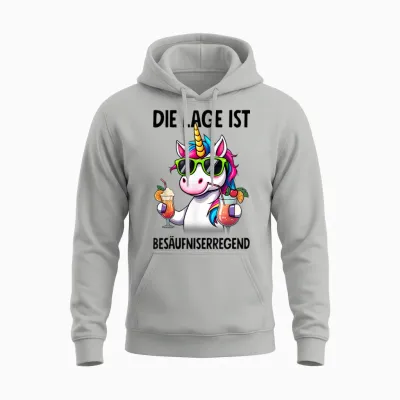 Die Lage Ist Besäufniserregend Mit Einhorn T-Shirt - Unisex - Weiß - S - Kurzarm - T-Shirt - Cartoon - Frühling, Sommer Unisex Hoodie - Ash