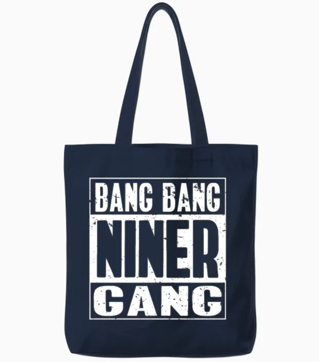 Bang Bang| Niner| Gang| Bandwagon| Humor Football Tote Bags in Navy
