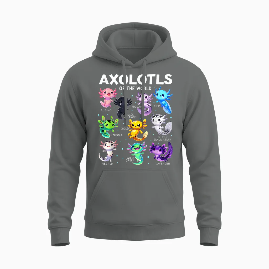 Kawaii Axolotls of the World Graphic Tees Axolotl Animals Unisex Hoodie in Graphite Heather