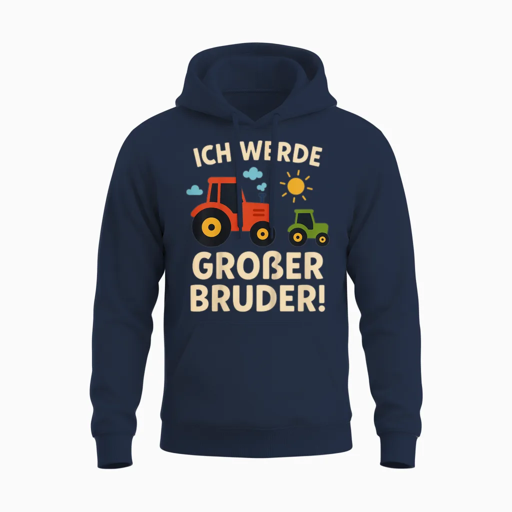 Children's T-Shirt with German Text "ich Werde Großer Bruder Tractor" Farm Unisex Hoodie in Navy