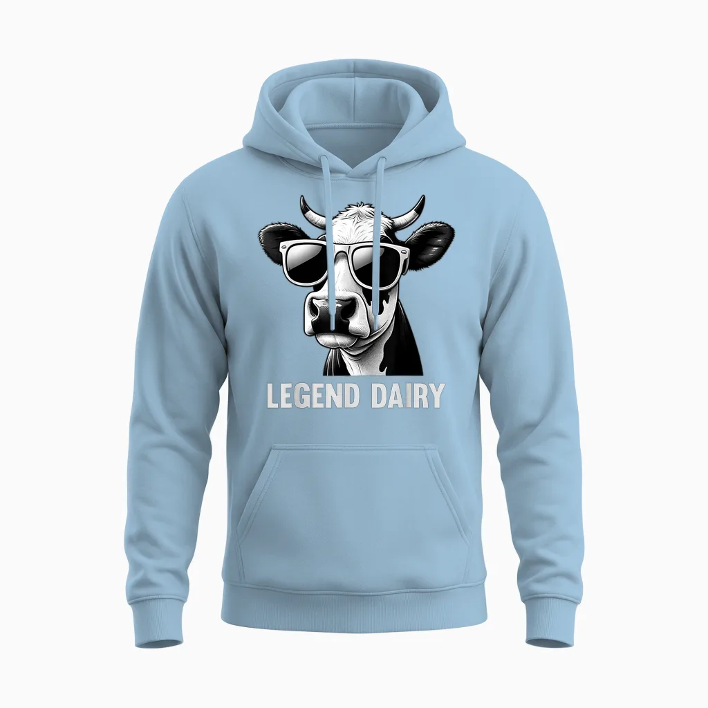 Legend Dairy Funny Farmer Cow Farmer Pun Graphic Unisex Hoodie in Light Blue