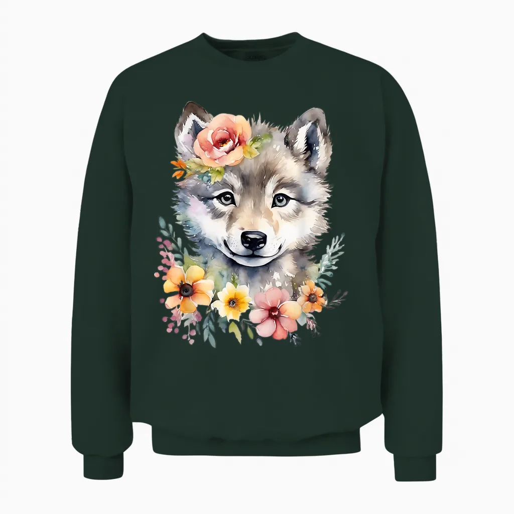 Cute Wolf Wolf Cub Wolf Motif Wolf Baby Cute Animal T-Shirt, White Unisex Sweatshirt in Forest