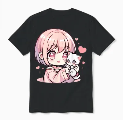 Anime Girl with Cat | Manga for Girls & Kawaii Cute Kitten T-Shirt, Black Unisex T-Shirt - Black