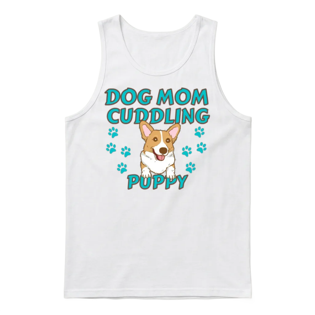 Dog Mom Cuddling Puppy , Dogs Lovers, Funny Dog Unisex Tank Top - White