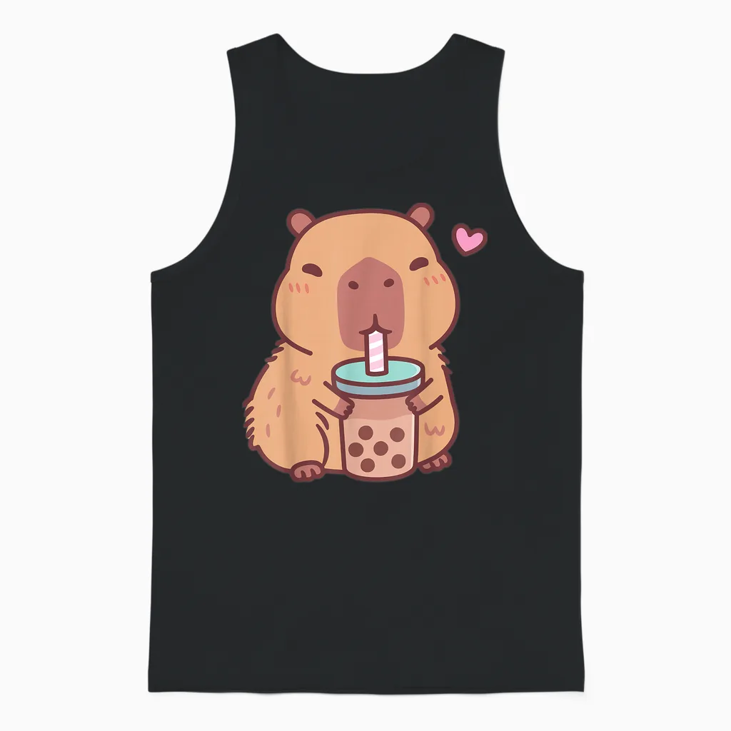 Cute Capybara Kawaii Anime Drinking Bubble Tea Lover Girls Unisex Tank Top in Black