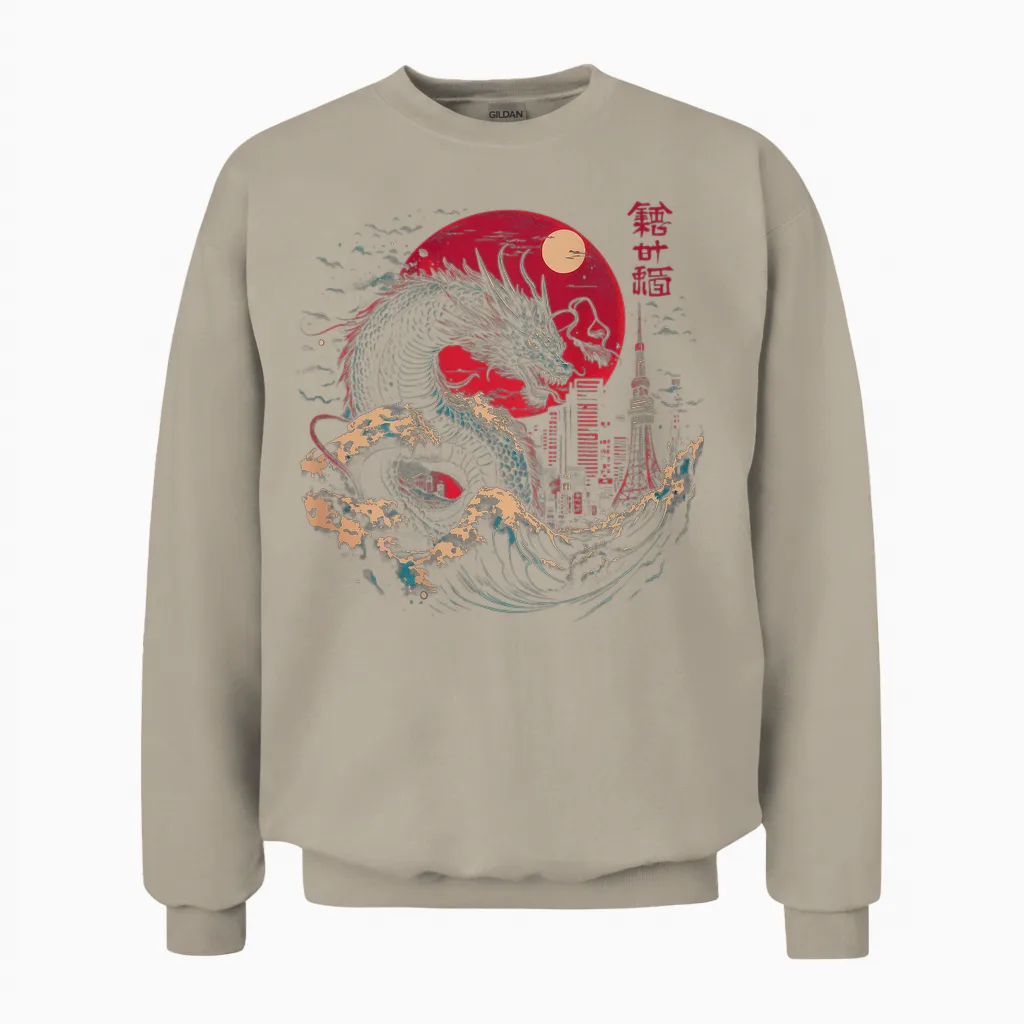 Japanese Dragon Tokyo Great Wave off Kanagawa (artistic Back) T-Shirt, Black, S Unisex Sweatshirt in Sand