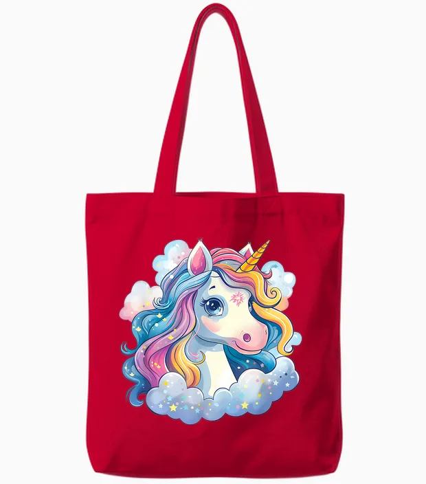Super Süßes Einhorn Mit Regenbogen Mähne Einhorn Tote Bags in Red