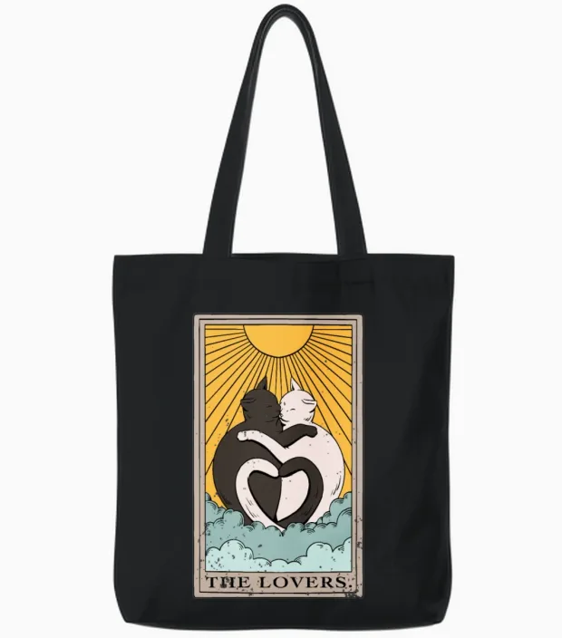 Cat the Lovers Tarot Card Design for a Tarot Card Tote Bags in Black