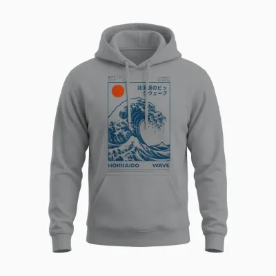 Hokkaido Aesthetic T-Shirt Vintage Japanese Big Wave Kanagawa Unisex Hoodie - Sport Grey