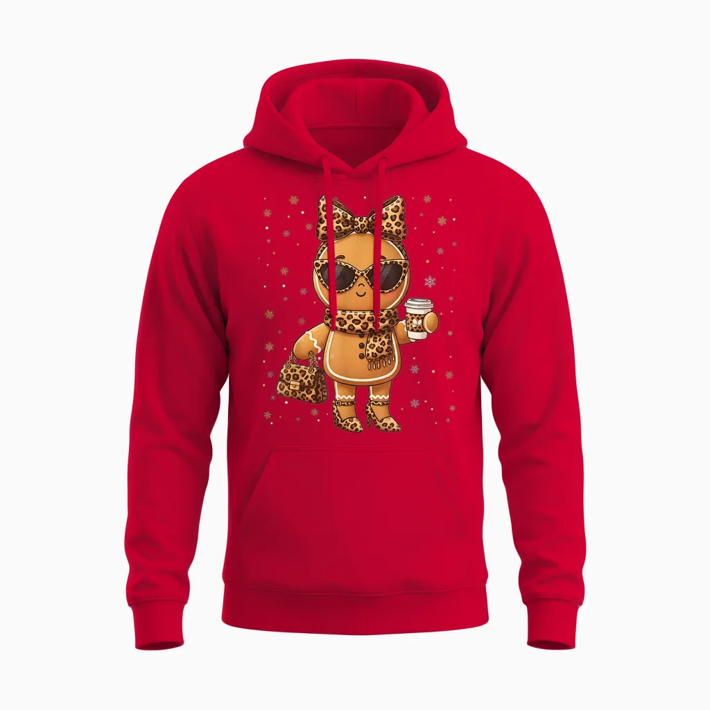 Cute Gingerbread Leopard Christmas Xmas Girl Women Unisex Hoodie in Red