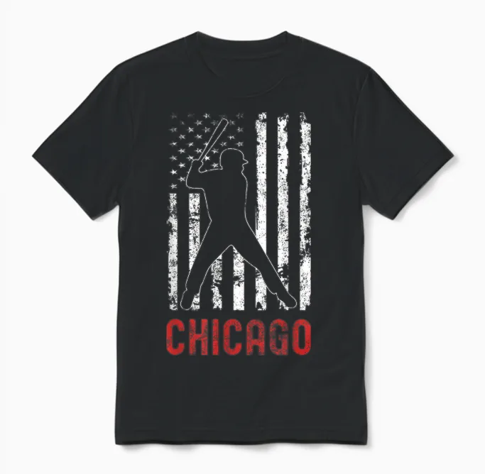Chicago Illinois American Flag Baseball Weathered Unisex T-Shirt in Black