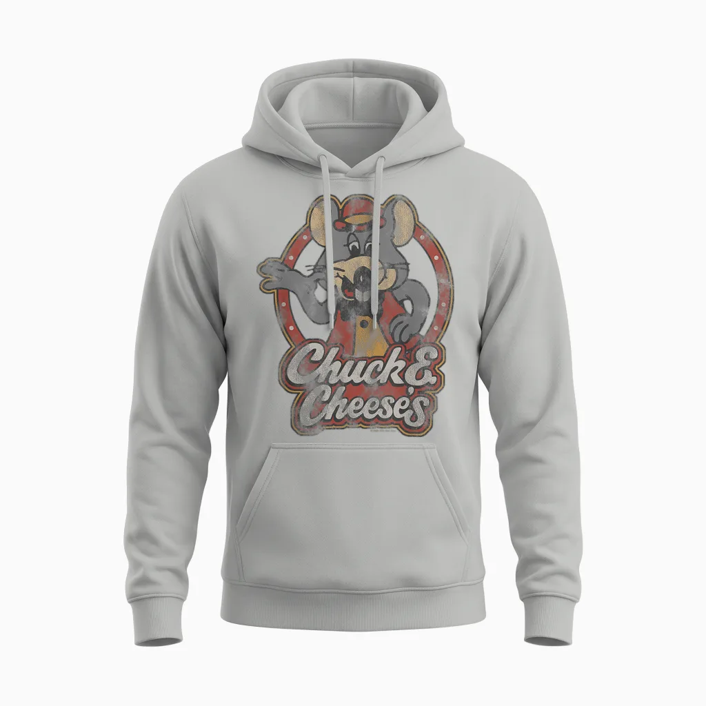 Chuck E. Cheese Classic Entertainer Portrait Distressed Unisex Hoodie in Ash