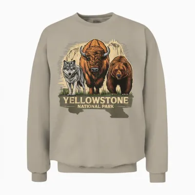 Yellowstone American National Park Wolf, Bison and Bear Vintage T-Shirt, Black, S Unisex Sweatshirt - Sand