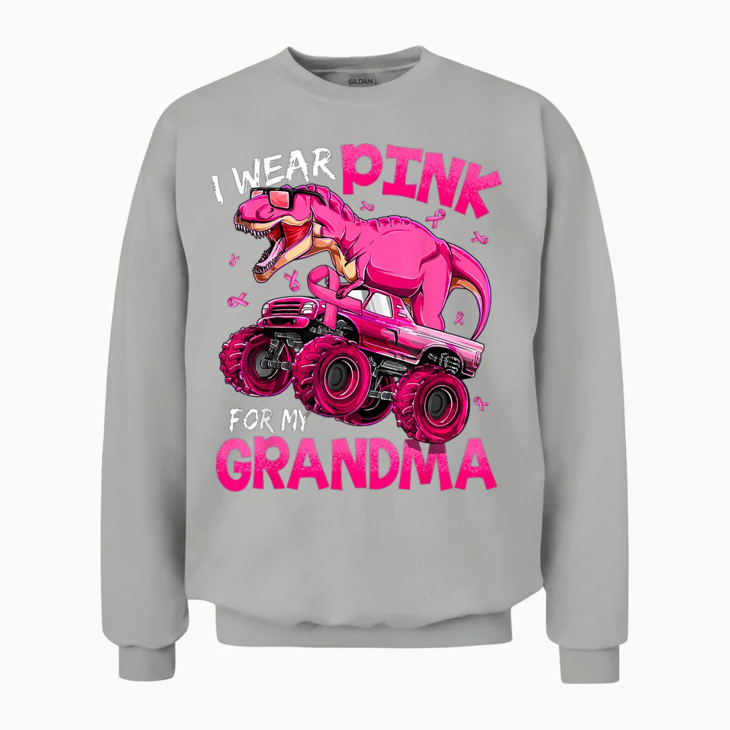 I Wear Pink for My Grandma Breast Cancer Awareness Dinosaur Unisex Sweatshirt in Ash