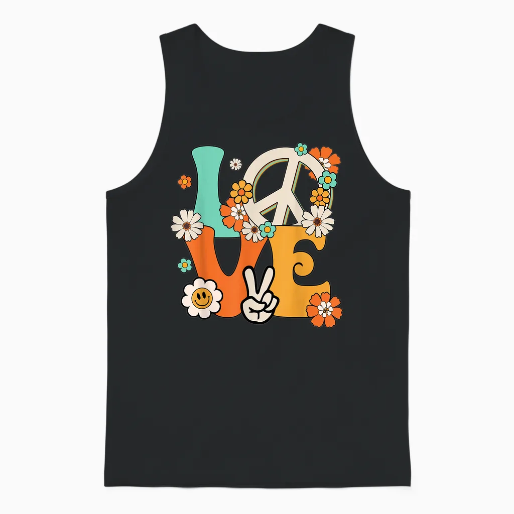 Peace Sign Love T Shirt 60s 70s Tie Dye Hippie Costume Unisex Tank Top in Black