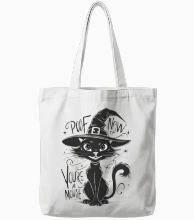 Retro Kitty Cat Witch Tote Bags - White