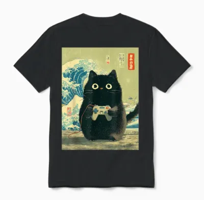 Japanische Schwarze Gamer Cat Videospiele Great Wave Cat Dad Unisex T-Shirt - Black