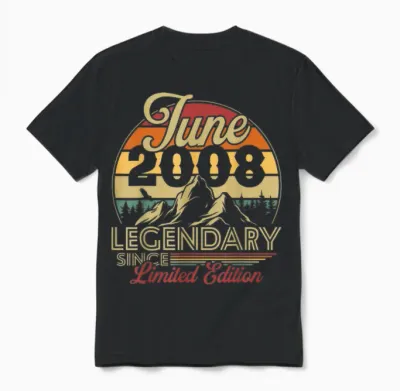 Vintage Anniversaire 18 Ans Pour Né En Juin 2008 Cadeau Unisex T-Shirt - Black