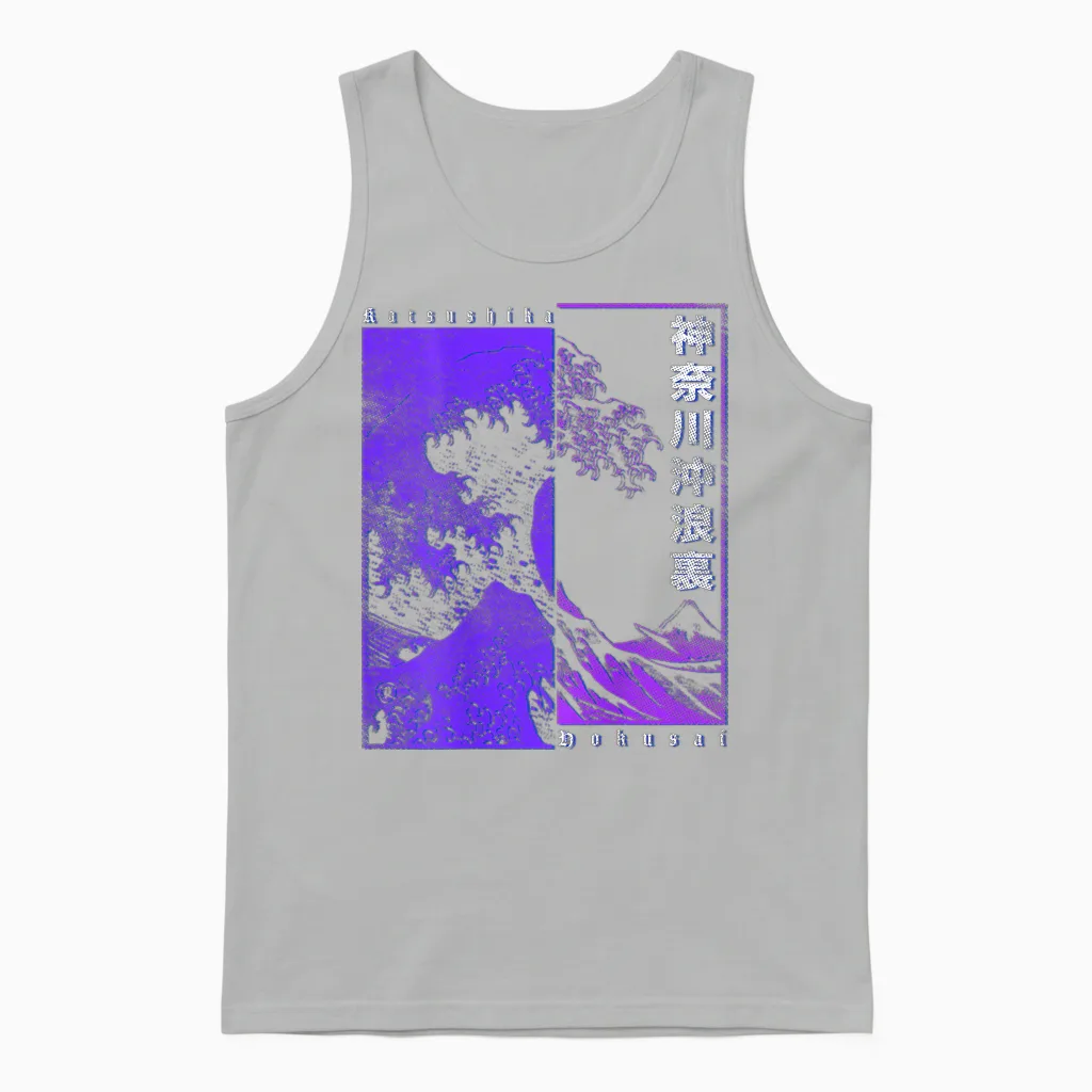 Men's Japanese Wave Japan Style the Great Wave Before Kanagawa T-Shirt, Black Unisex Tank Top in Ash