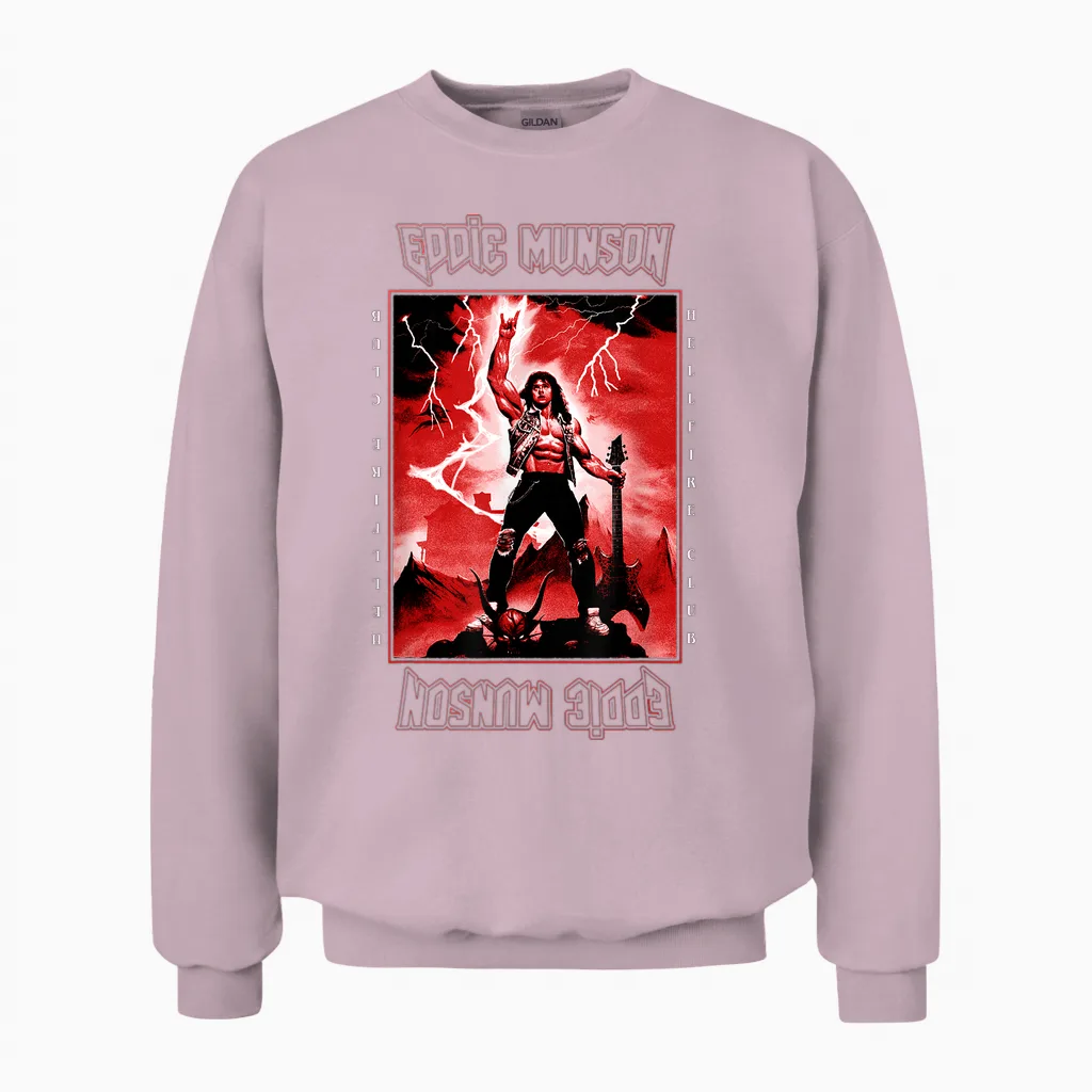 Stranger Things 4 Eddie Munson Lightning Guitar Power Unisex Sweatshirt in Light Pink