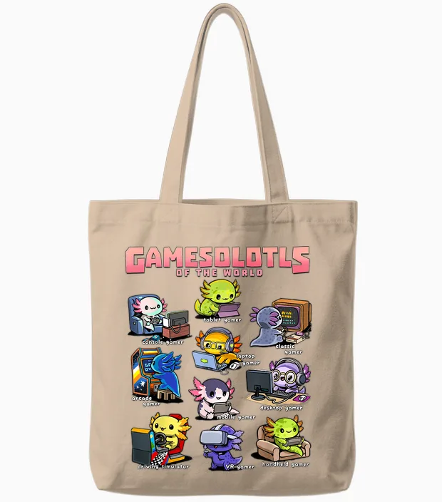 Gamesolotls of the World - Diverse Gamer Axolotl Collection Tote Bags in Natural