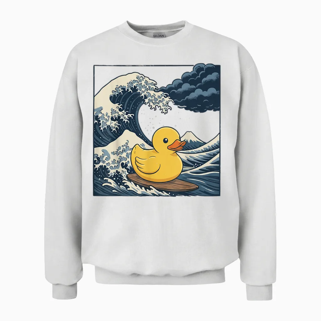 Japanese Surf Rubber Duck Big Wave Anime Unisex Sweatshirt in White
