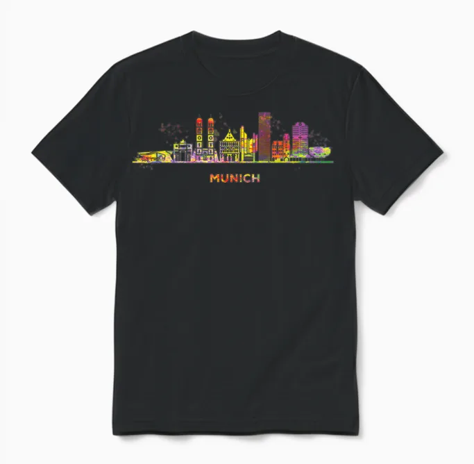 Munich Skyline Colourful Frauenkirche Cityscape Munich T-Shirt, Black Unisex T-Shirt in Black