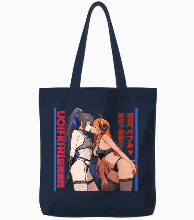 Sexy Anime Waifu Kissing Girls Horns, Japanese Manga Style T-Shirt, Black, S Tote Bags in Navy