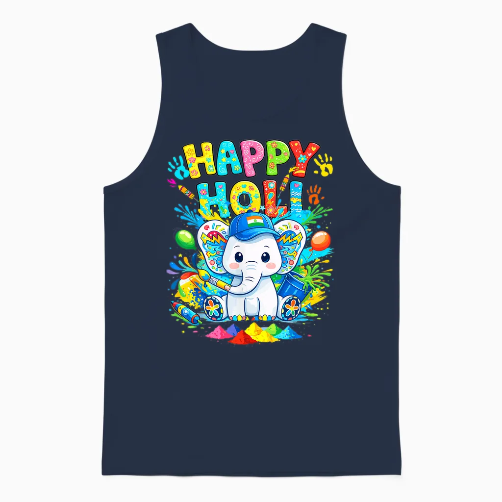 Happy Holi Festival India Color Elephant Hindu Toddler Boys Unisex Tank Top in Navy