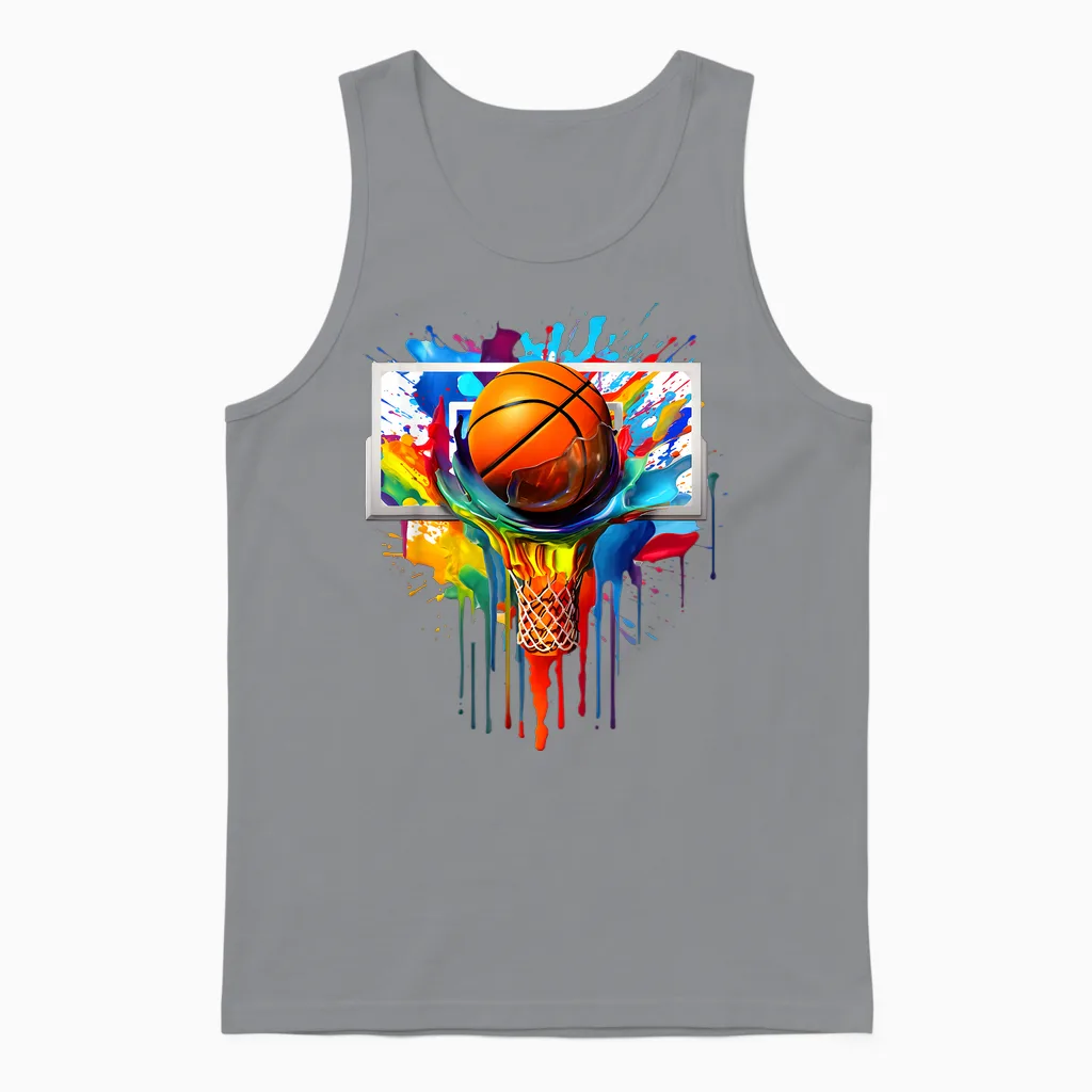 Colorful Basketball Tie Dye Color Splash Hoop Net Slam Dunk Unisex Tank Top in Sport Grey