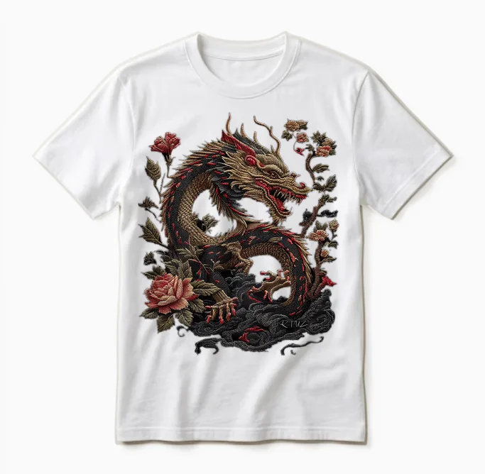 Elegant Chinese Calligraphy Dragon Yin and Yang Dragon T-Shirt, Black Unisex T-Shirt in White