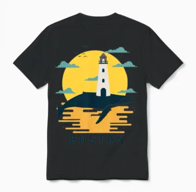 Boston Lighthouse Whale Sunset Unisex T-Shirt - Black